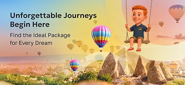 Experience unforgettable journeys with Fun & Sun, featuring vibrant hot air balloons soaring above stunning landscapes and a joyful traveler enjoying a scenic view, inviting you to find the ideal travel package for every dream.