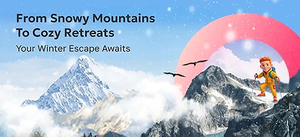 From snowy mountains to cozy retreats, discover winter escapes with Fun & Sun, featuring breathtaking alpine landscapes and a traveler embracing the beauty of nature, inviting you to explore unforgettable holiday destinations.