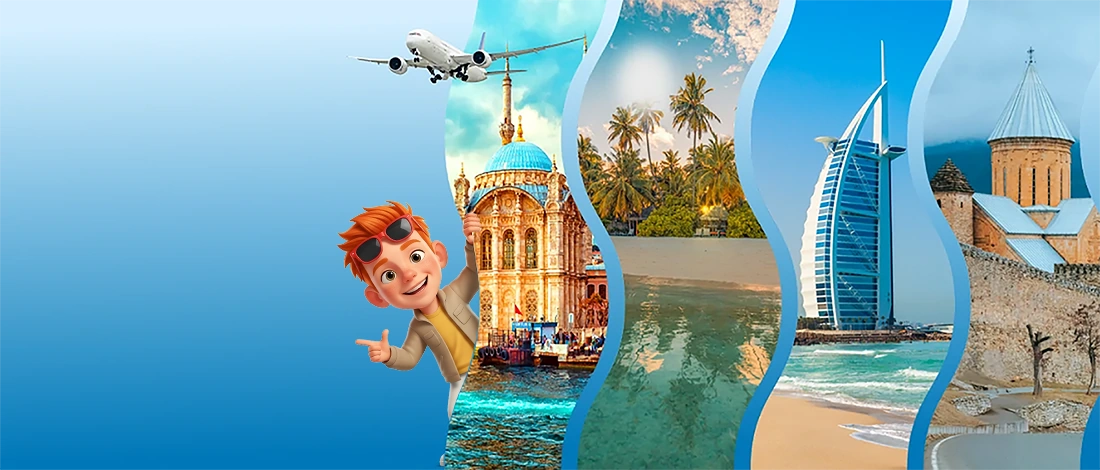 Explore diverse destinations with Fun & Sun, featuring a picturesque airplane, the historic Ortaköy Mosque in Istanbul, palm trees in a tropical paradise, and the iconic Burj Al Arab in Dubai, inviting you on unforgettable adventures.